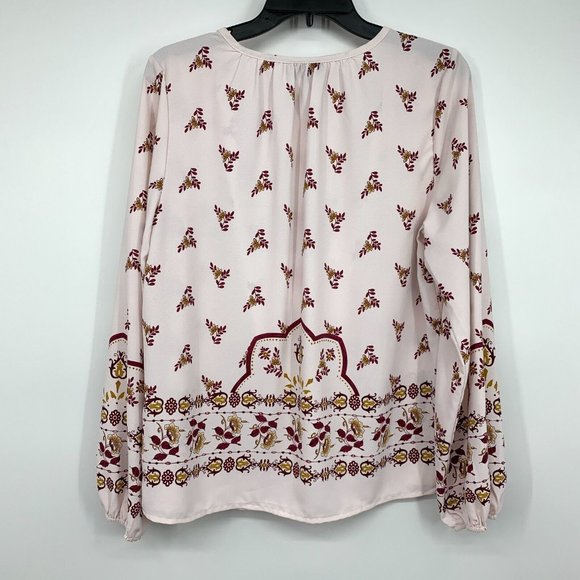 Bobeau Top Floral Print Peasant Pink Tie V Neck Long Sleeve Boho - Picture 10 of 12